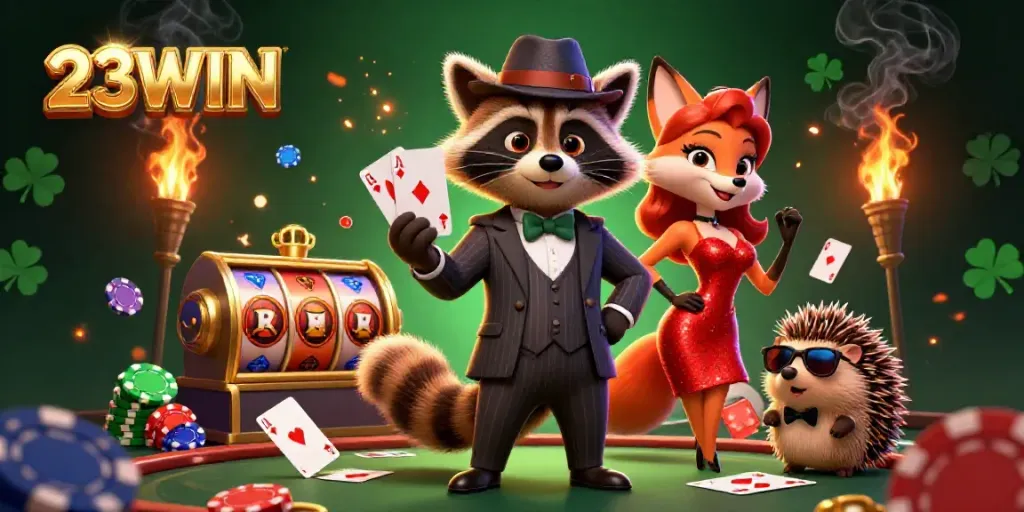 23WIN promotions come alive with a raccoon in a tux, holding royal flush, in a vibrant casino scene.