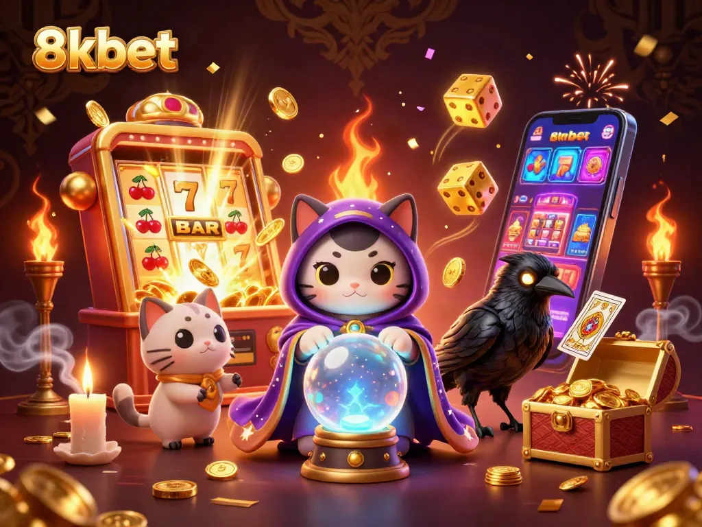 Engage with 8xbet's thrilling casino experience featuring vibrant slot machines and mystical characters.