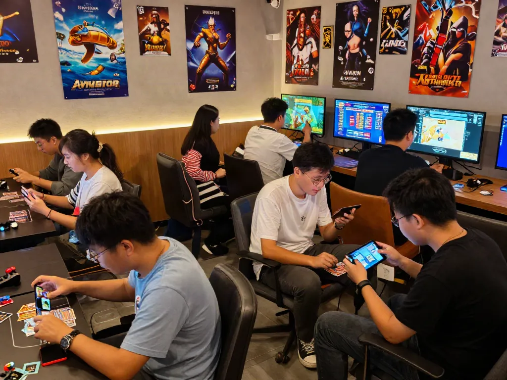 Adults enjoying yono games in a vibrant gaming lounge, engaged in competitive play.