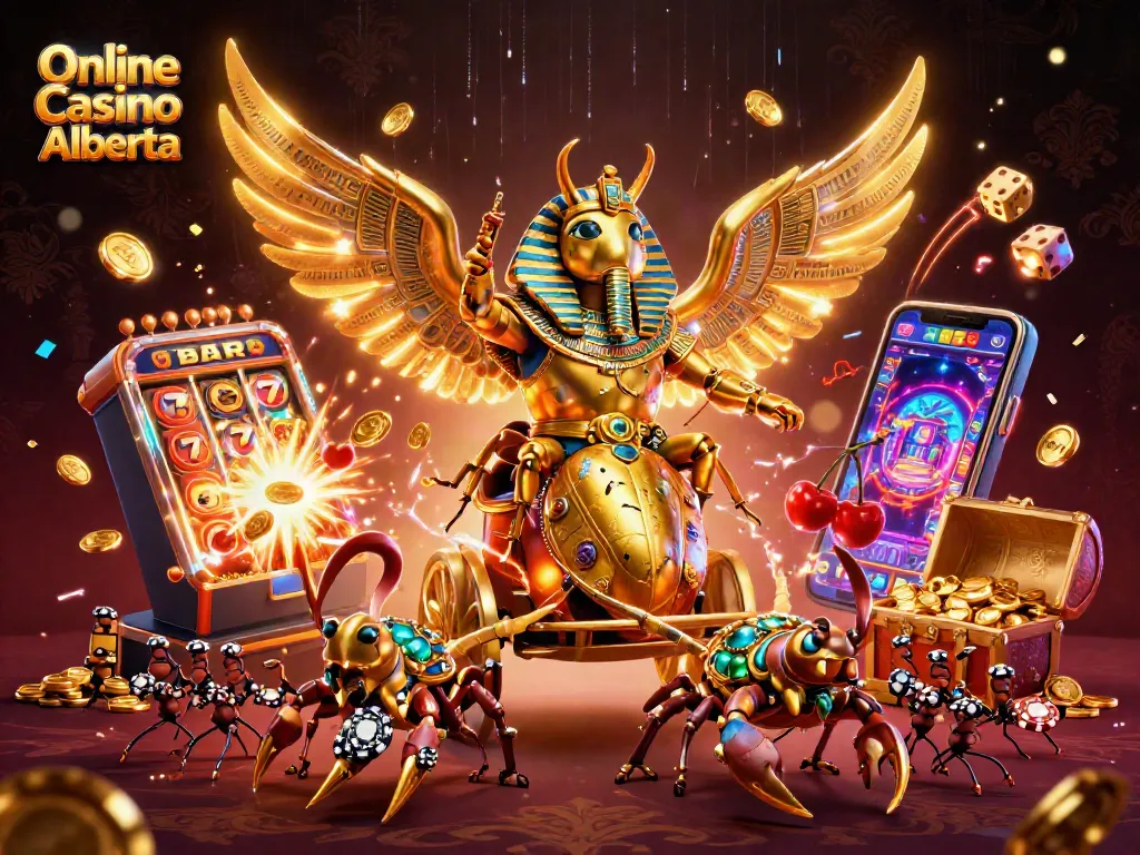 Engaging scene showcasing Online Casino Alberta with a golden scarab beetle and dynamic game elements.