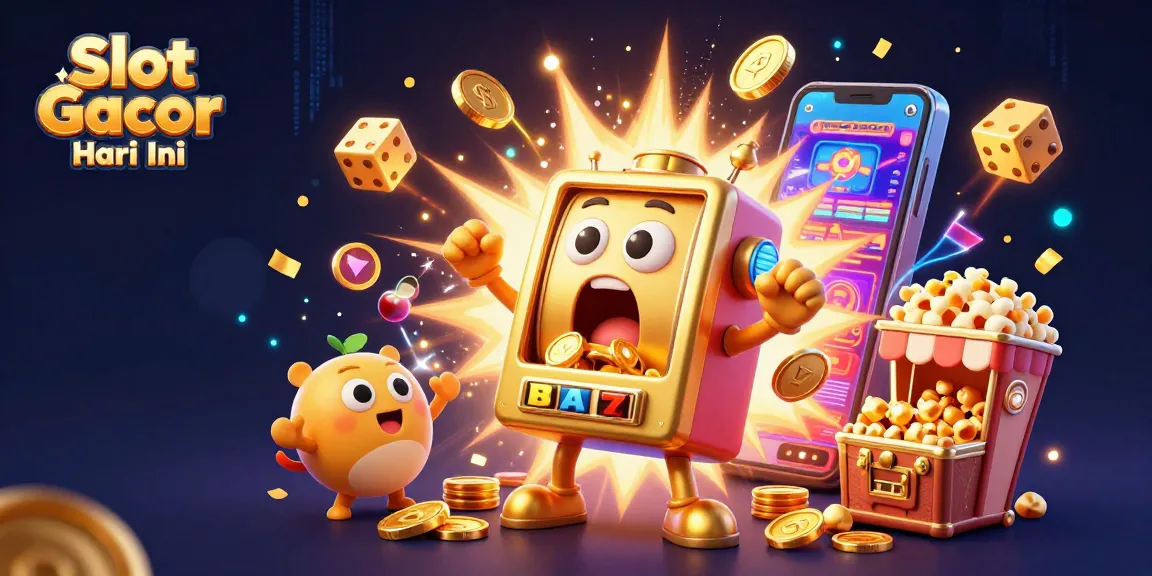 Spin the Slot Gacor Hari Ini for jackpot excitement with cartoon slot machines and golden coins bursting out.