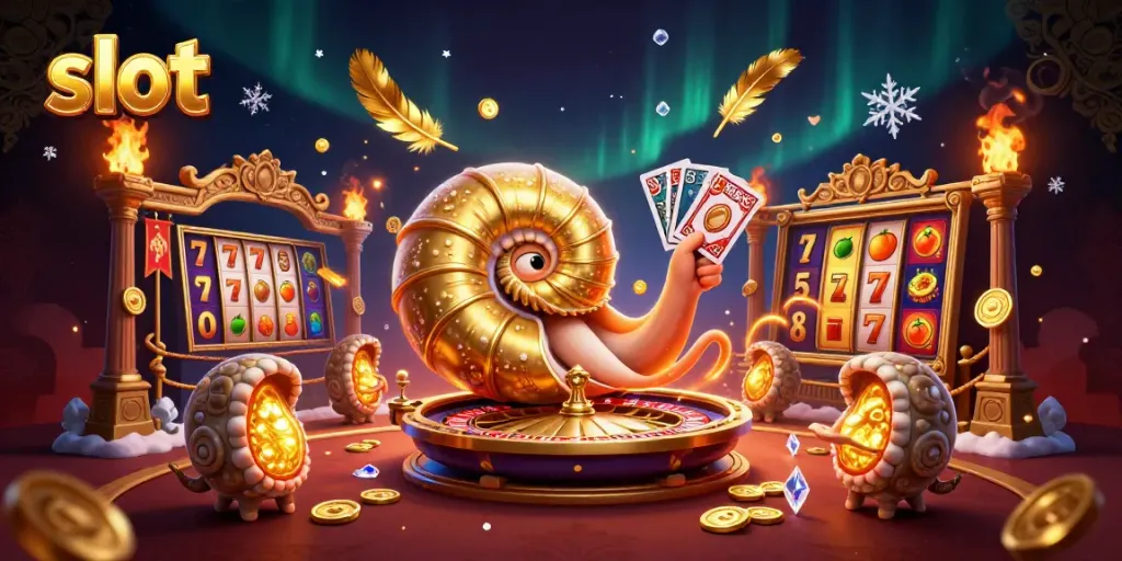 Menangkan permainan slot dengan nautilus raksasa dan elemen kasino yang menakjubkan.