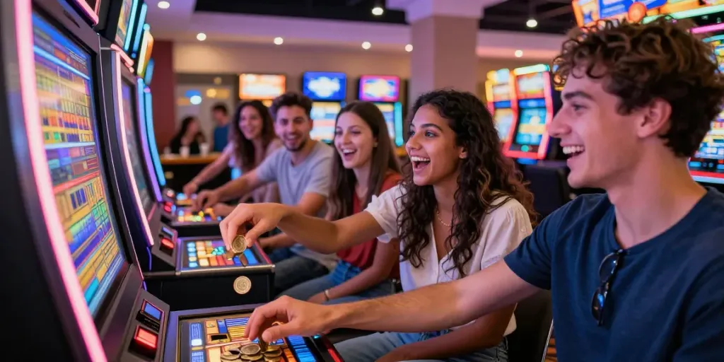 Excited friends playing 513 Slots at a colorful casino, showcasing joyful gaming atmosphere.