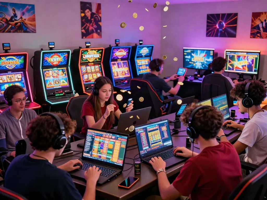 Exciting online gaming enthusiasts engaged with slot online games, surrounded by vibrant graphics and coins.