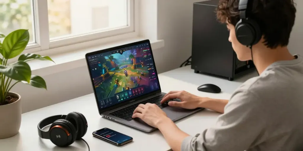 Pengguna DIANA4D bermain game online dengan laptop modern dan aksesori gaming menarik di ruang kerja yang nyaman