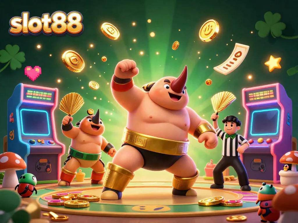 Menangkan jackpot dengan slot88 di kasino 3D, dikelilingi koin dan mesin permainan.