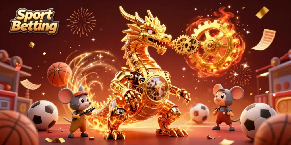 Engage in Sport Betting with this vibrant illustration of a golden dragon amidst dynamic sports elements.