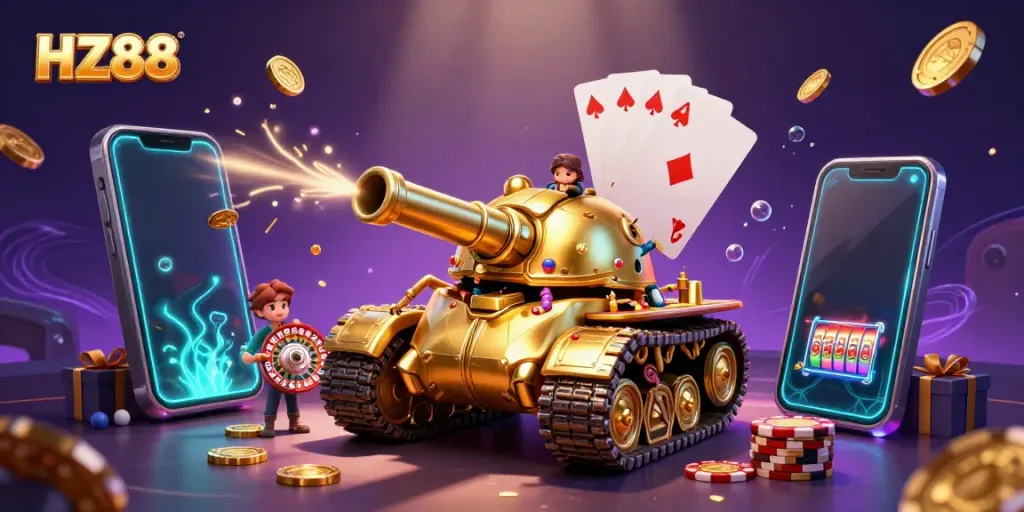 Experience thrilling gameplay at HZ88 with a vibrant casino scene featuring animated game elements and enchanting visuals.