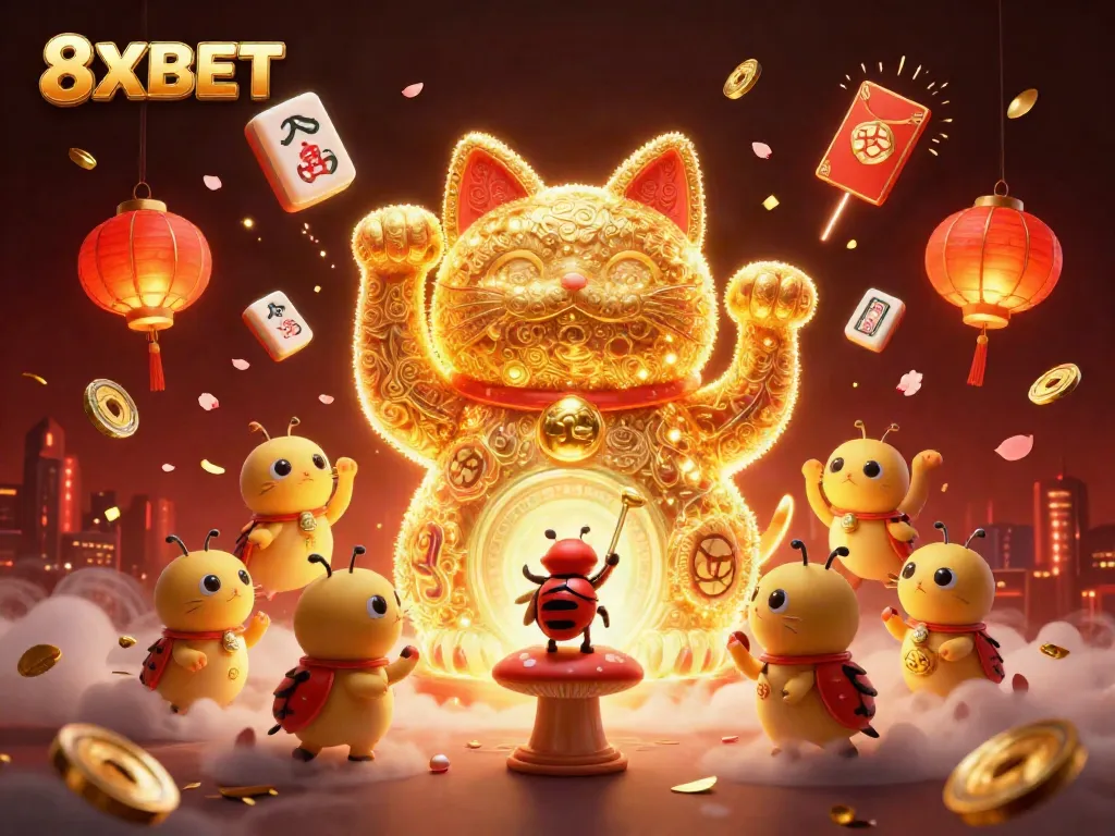 Experience the luck and excitement of 8XBET with a dynamic visual of a lucky cat and casino symbols.