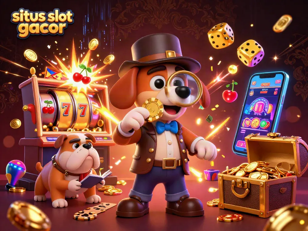 Menggali slot gacor dengan detektif 3D dan anjing Watson, jackpot dan simbol keberuntungan di sekelilingnya.