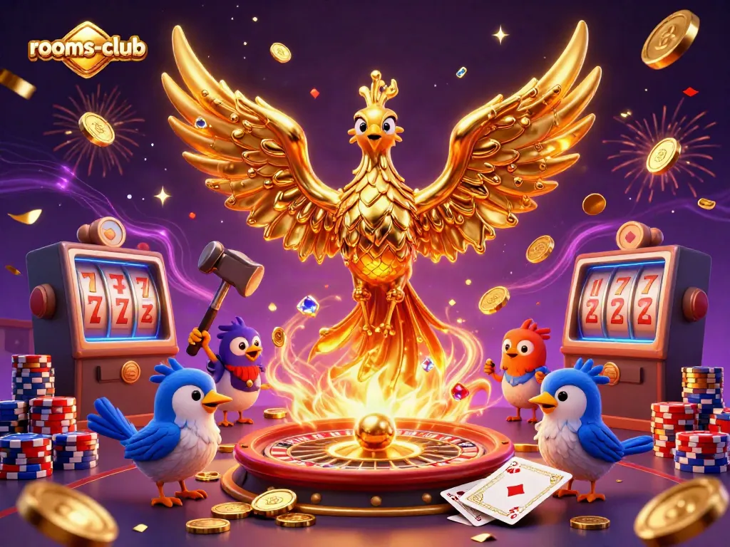Permainan slot pada platform rooms-club menampilkan phoenix emas, koin mengalir, dan kartu royal flush dalam suasana meriah.