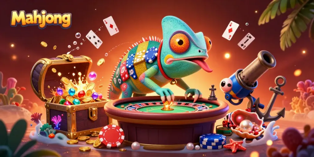 Permainan mahjong yang menarik dengan tambahan unsur kasino dan grafik yang memukau, penuh dengan koin emas dan elemen interaktif.