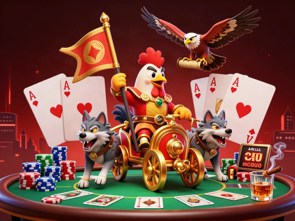 3D cartoon rooster warlord in a dynamic online casino scene, showcasing poker elements and vibrant effects, best online casino australia.