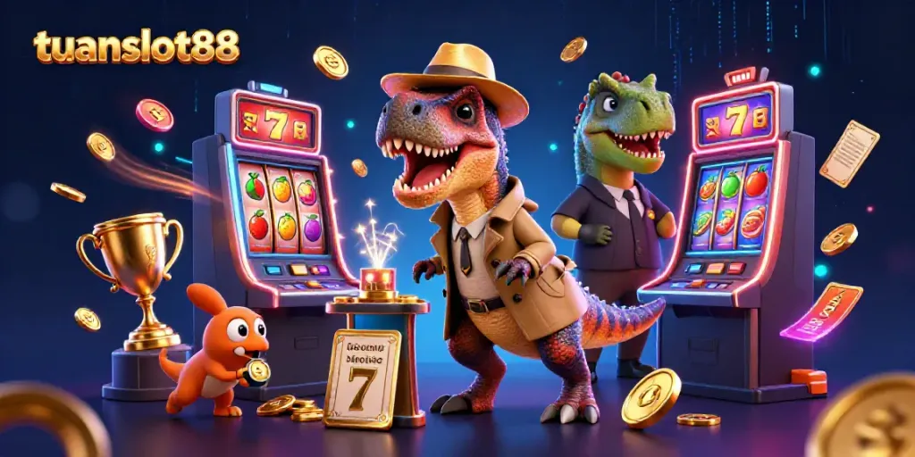 Mesin slot dengan simbol buah dan karakter tuanslot88 yang menarik perhatian.