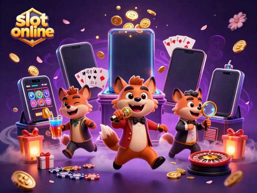 Permainan slot online menampilkan klub kasino lucu dengan karakter hyena, koin emas, dan smartphone berputar.