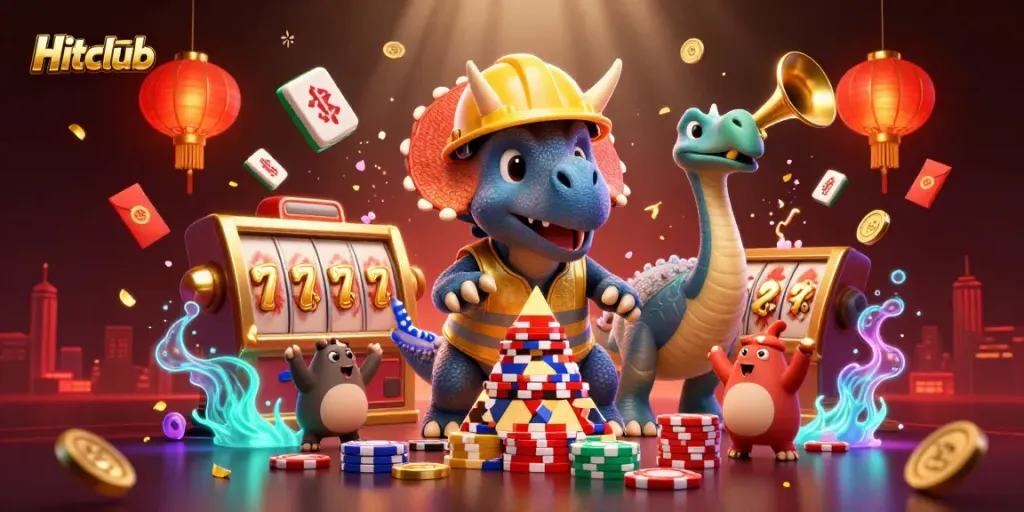 Hitclub offers a vibrant casino scene with animated characters celebrating big wins amid colorful game elements.