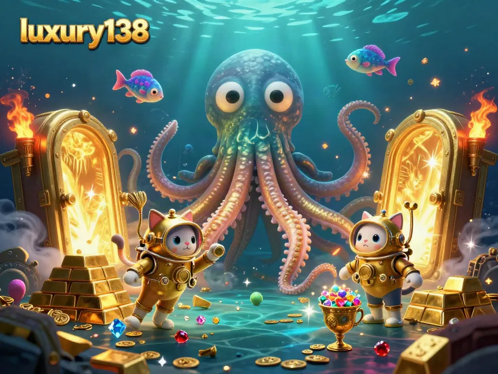 Experience luxury138 with a massive kraken and diving cat in an underwater treasure realm of gems and gold.