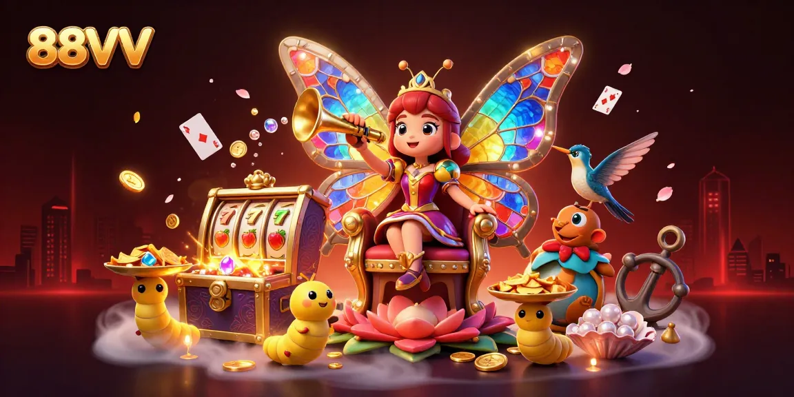 88VV captures the thrill of casino gaming with an enchanting butterfly queen and vibrant slot elements.