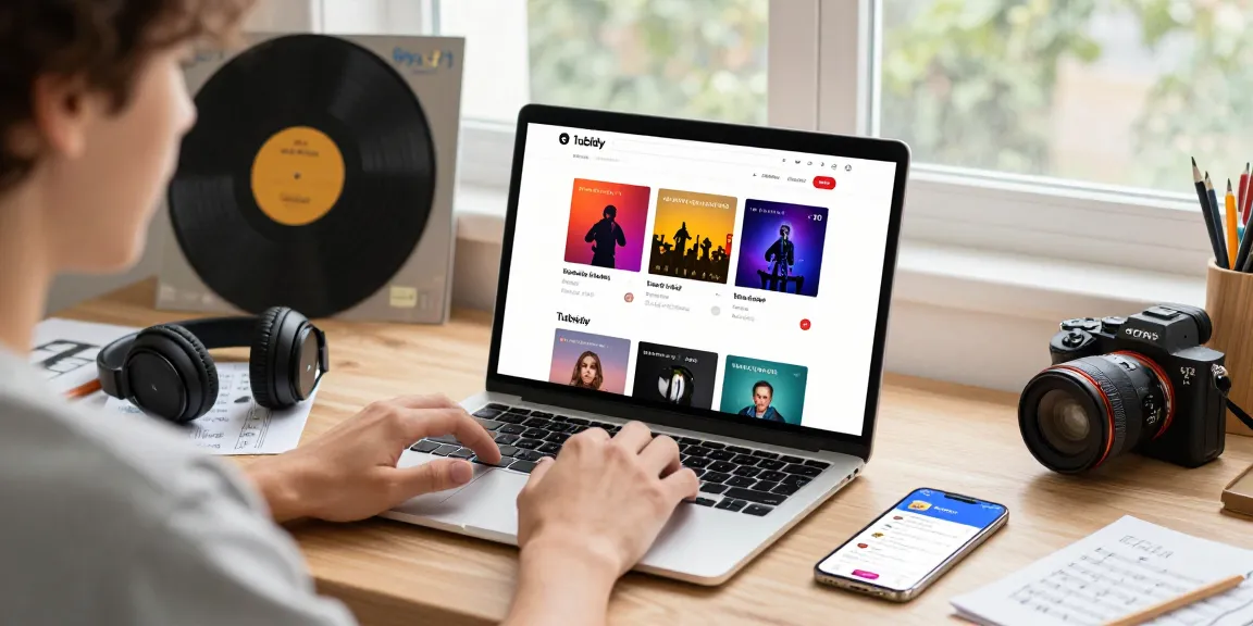Tubidy MP3 downloader scene with a user actively downloading music on a laptop in a bright, creative workspace.