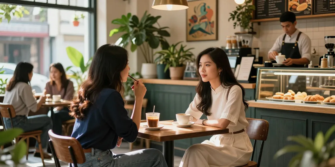 Quang cảnh một cô gái gọi đang trò chuyện vui vẻ tại quán cà phê, tạo nên không gian thân thiện và gần gũi.