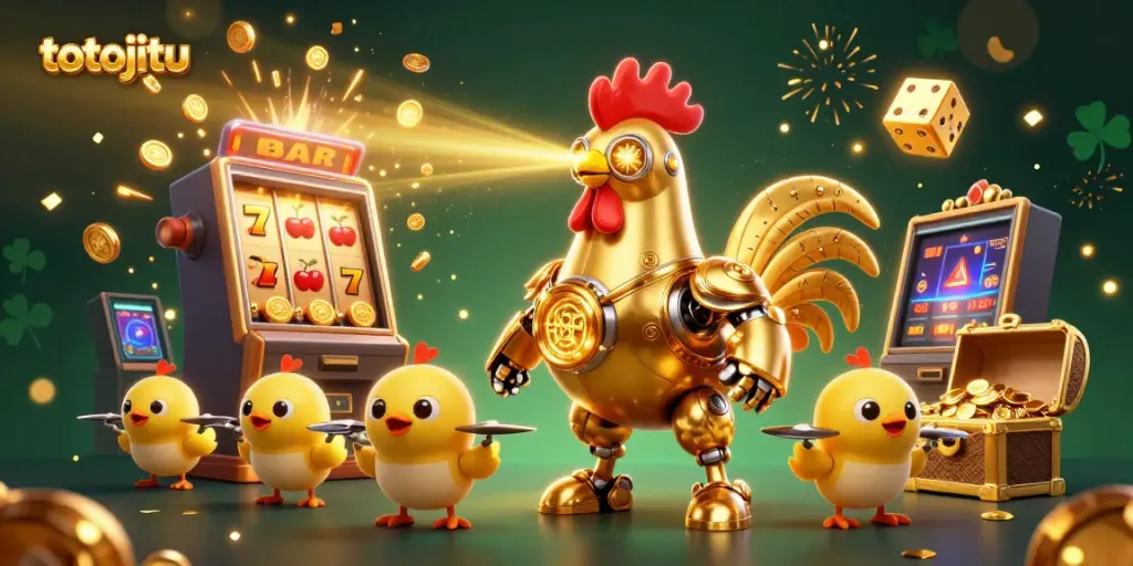 Engage with celebrated gaming at totojitu featuring a vibrant scene of a golden rooster robot and baby chick drones amidst a jackpot explosion.