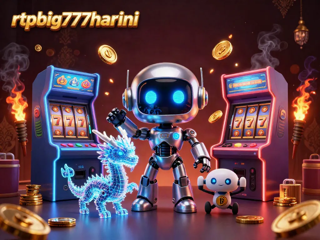 Engage in winning strategies with rtpbig777hariini's vibrant 3D casino illustration of a cyberpunk robot and game elements.