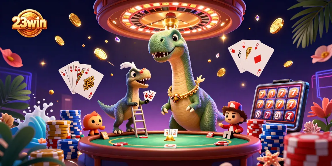 Experience excitement at 23win with a vibrant casino scene featuring a whimsical dinosaur and raptor.