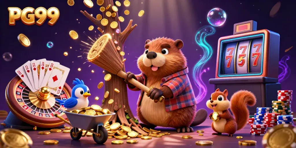 Engaging scene illustrating PG99's vibrant casino atmosphere with cartoon beaver, coins, and gaming elements.