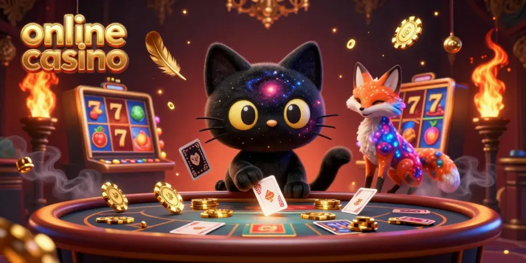 Experience exciting actions at an online casino with a dynamic cosmic scene featuring a black hole cat and a nebula fox