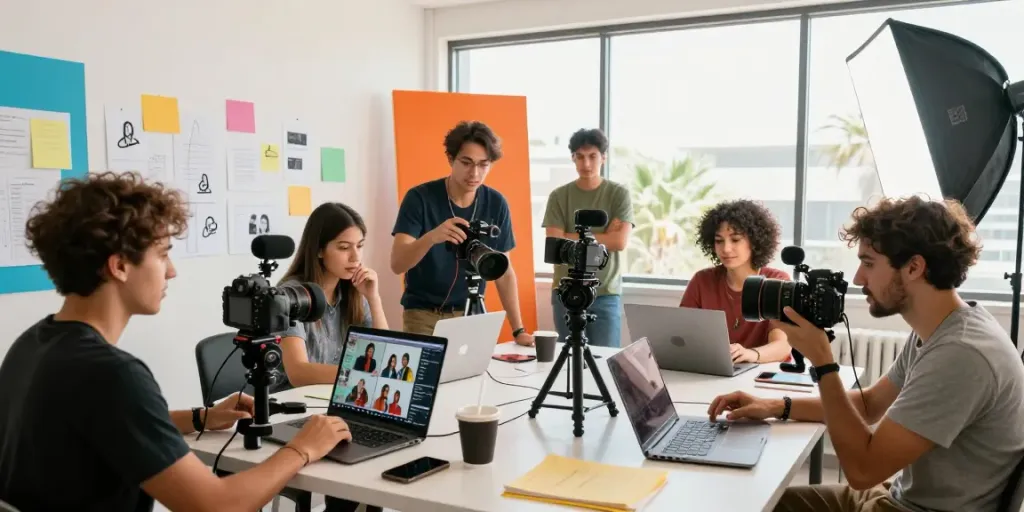 Dynamic scene of social media video production Orange County, California, featuring a creative team collaborating in a vibrant studio.