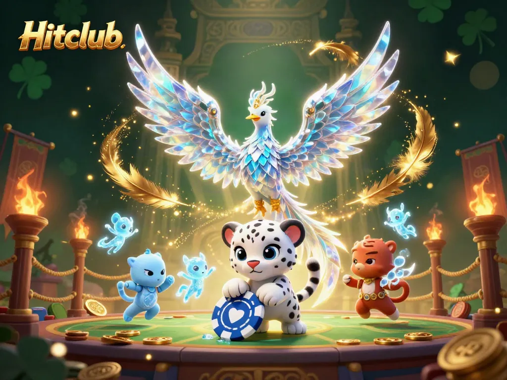 Hitclub showcases a thrilling scene with an ice phoenix, snow leopard cub, and glowing sprites in an icy gambling arena.