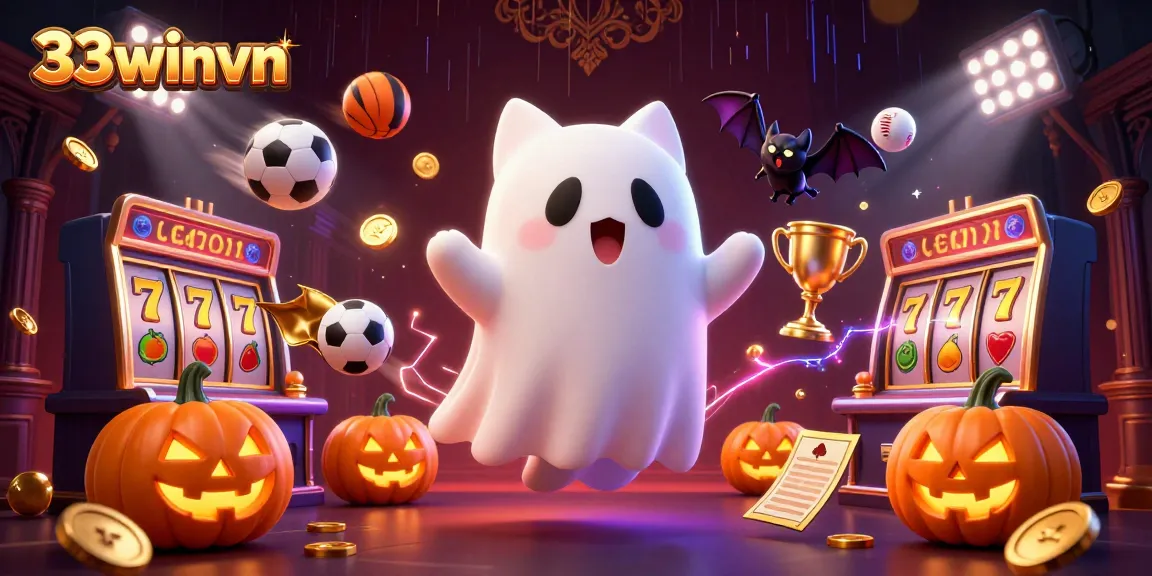 Engage with thrilling gameplay at 33winvn featuring a vibrant casino scene with ghosts and sports elements.