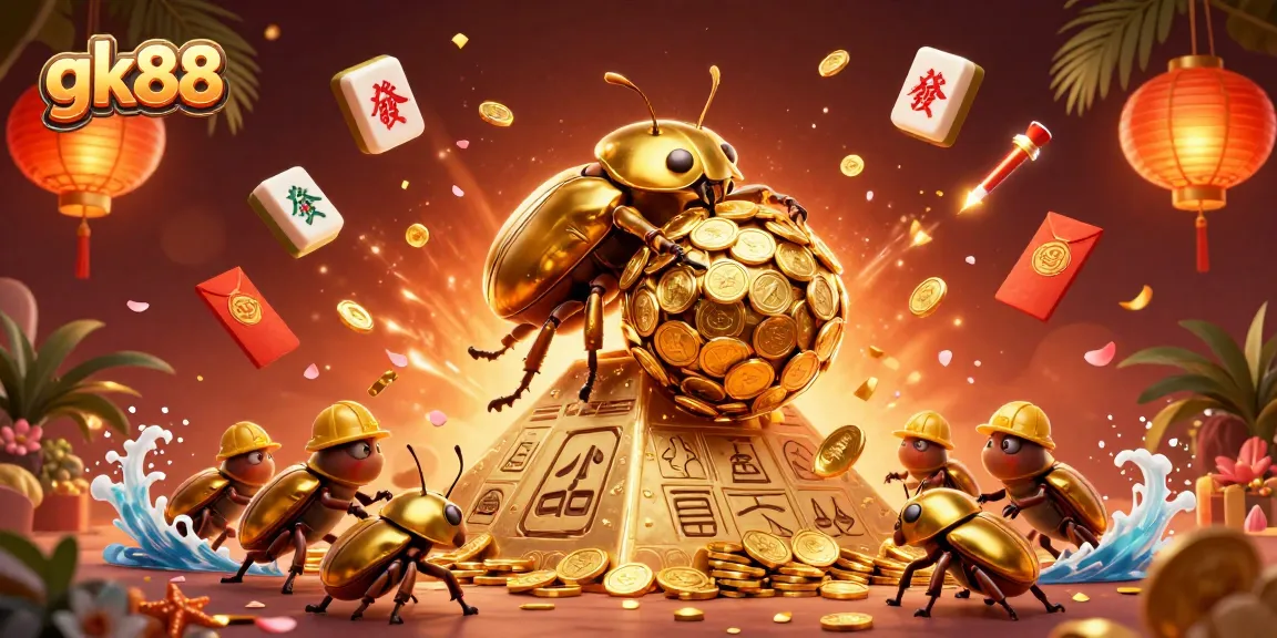 Engage with gk88 as a golden beetle rolls coins, showcasing vibrant casino elements and gaming excitement.