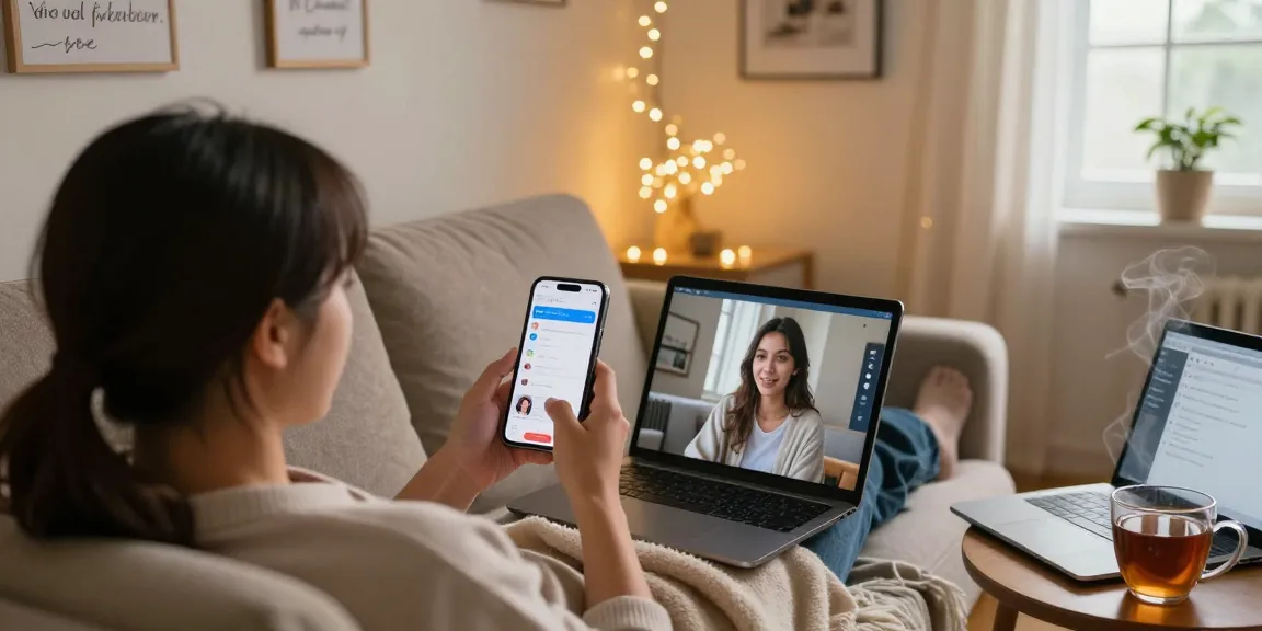 Engaging conversation with an AI girlfriend on a tablet in a cozy living room.