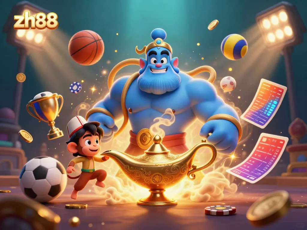 Experience thrilling gaming action with zh88 as the genie brings luck and excitement, filled with vibrant casino elements.