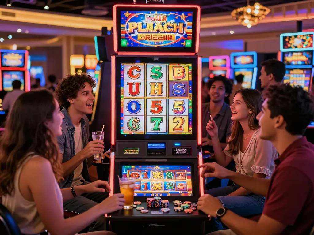 Experience the excitement of Lucky777 with friends at a vibrant casino slot machine.