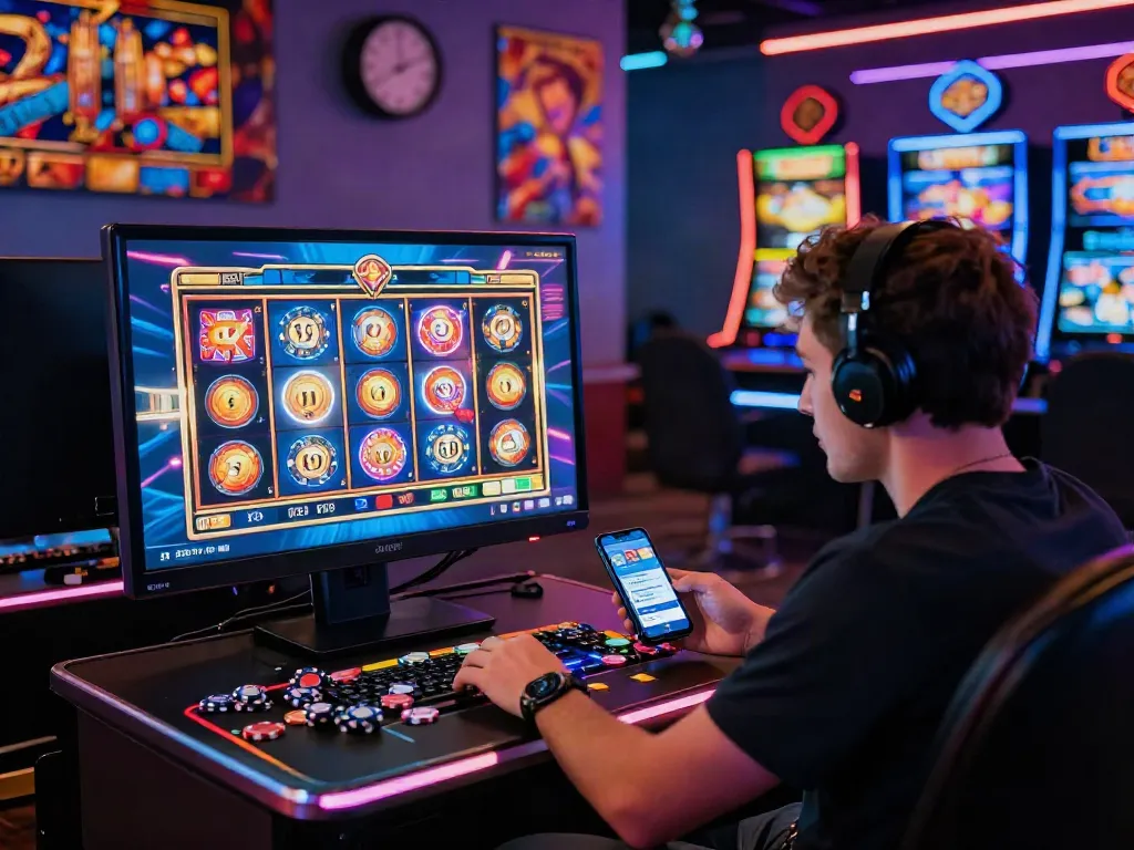 Engaged player enjoying slot online gacor experience with colorful graphics and vibrant casino atmosphere.