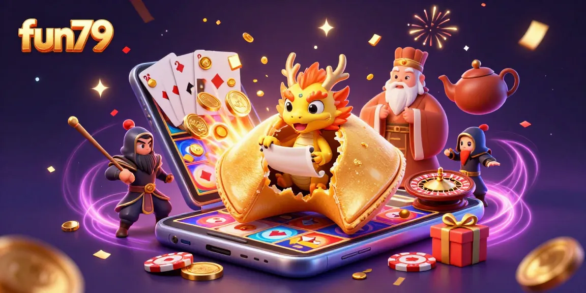 Experience thrilling gameplay at fun79 with a giant fortune cookie, golden coins, and vibrant casino elements.