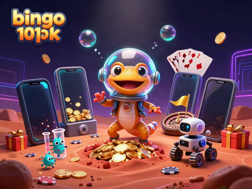 Engage with bingo 101 apk as the Martian gecko explores a golden casino in an imaginative 3D scene.