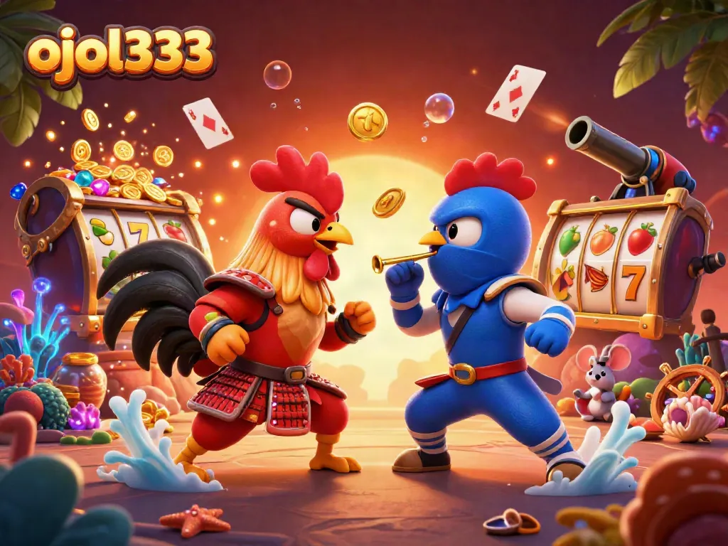Engage with ojol333 as fighting roosters clash amid casino thrills and dynamic game elements.