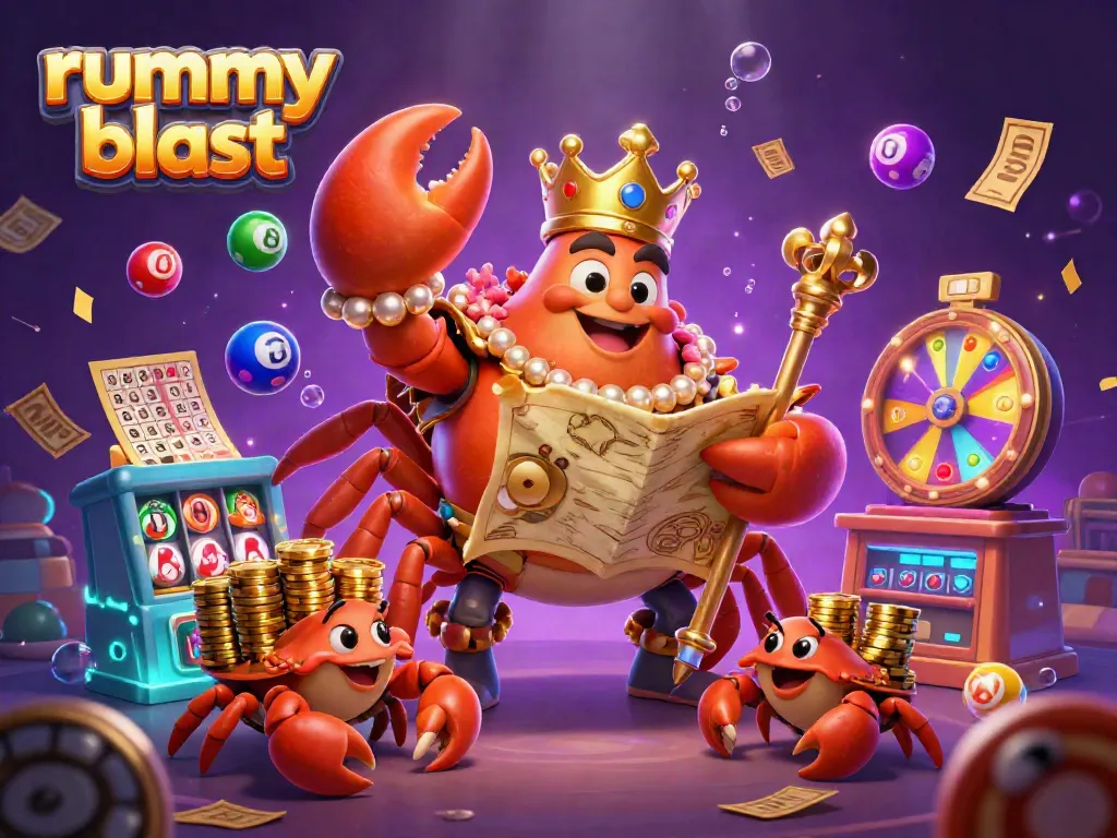 Join the exciting world of Rummy Blast with vibrant casino elements and a dynamic golden crab emperor illustration.