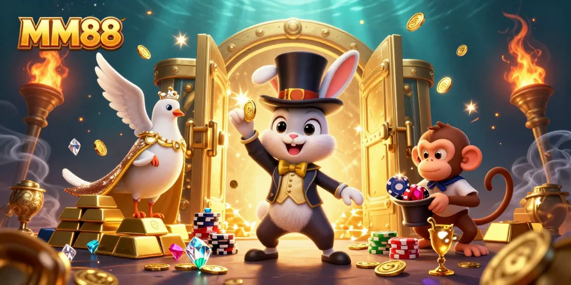 MM88 promotes excitement with a magician rabbit pulling coins, showcasing thrilling online gaming.