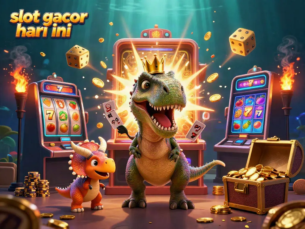 Watch the fun scene of 'slot gacor hari ini' with a T-Rex, pterodactyl, and triceratops in a colorful casino!