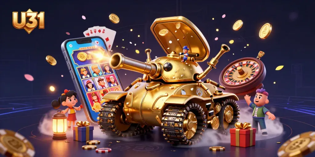 Experience the excitement of U31 with a dynamic casino scene featuring a golden beetle tank and vibrant slot games.