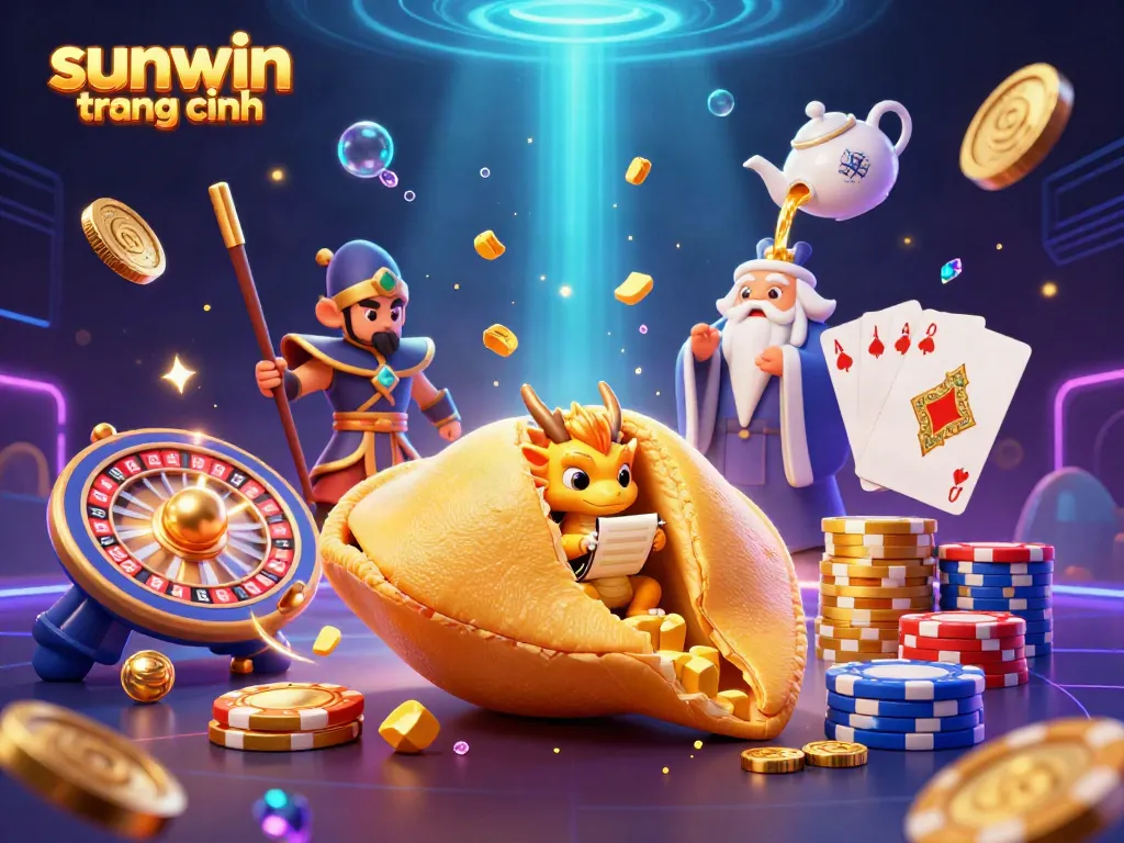 Playing interactive games at sunwin trang chính with vibrant casino elements and glowing treasures.