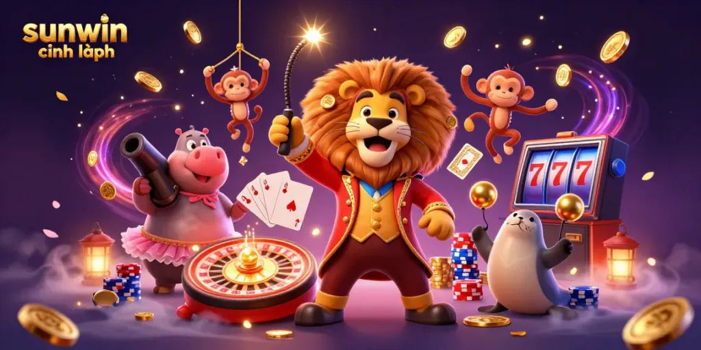 Experience vibrant gaming excitement with sunwin chính hãng characters among cascading coins and sparks.
