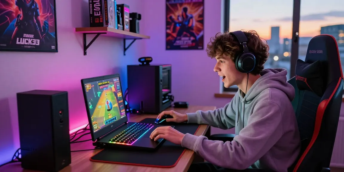 Youth enthusiastically playing luck-33 game in a dynamic gaming setup with vibrant lights and modern accessories.