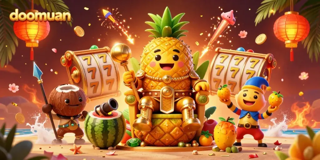 Dive into doomuan's gaming excitement with a golden pineapple king amidst vibrant casino elements.
