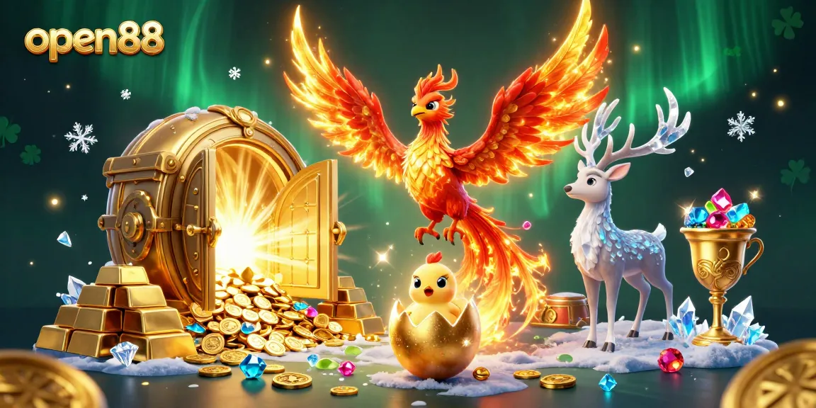 Experience the excitement of open88 with a vibrant scene featuring a phoenix, treasures, and gambling elements.