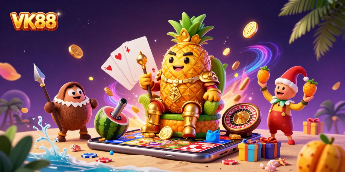 Engage with VK88's exciting slot gaming on a vibrant beach casino scene with a golden pineapple king.